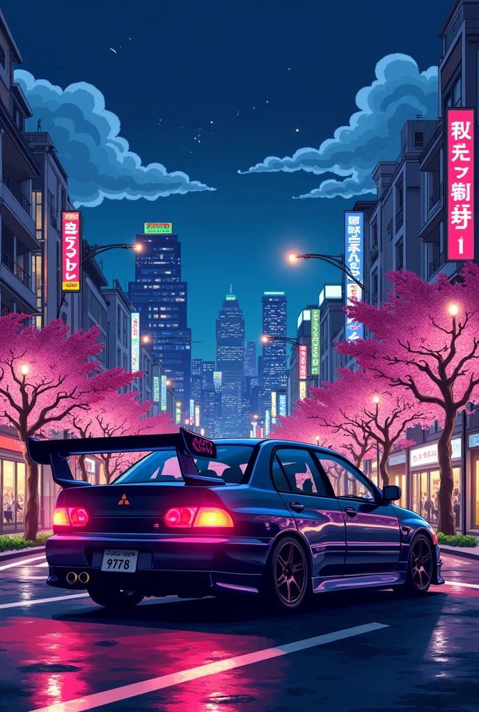 Draw Mitsubishi Lancer Evo 6 whit landscape japanese nocturne city 8 bits for wallpaper