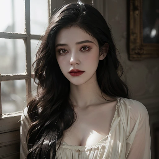 full body masterpiece, ultra realistic, 16k, high quality, incredibly detailed, dream aesthetic, dream atmosphere, cinematic, (sharp focus : 1.5), (photorealistic : 1.3) , A hyperrealistic young, very pale woman with long black hair and sad eyes, with a beautiful face, wearing a white dress. She is looking out of an old antique window. Horror and gothic atmosphere, with dramatic lighting and intricate details in both the woman and the surroundings. The window should have a gothic design, with shadows and light playing off her expression to enhance the mood of melancholy and mystery.