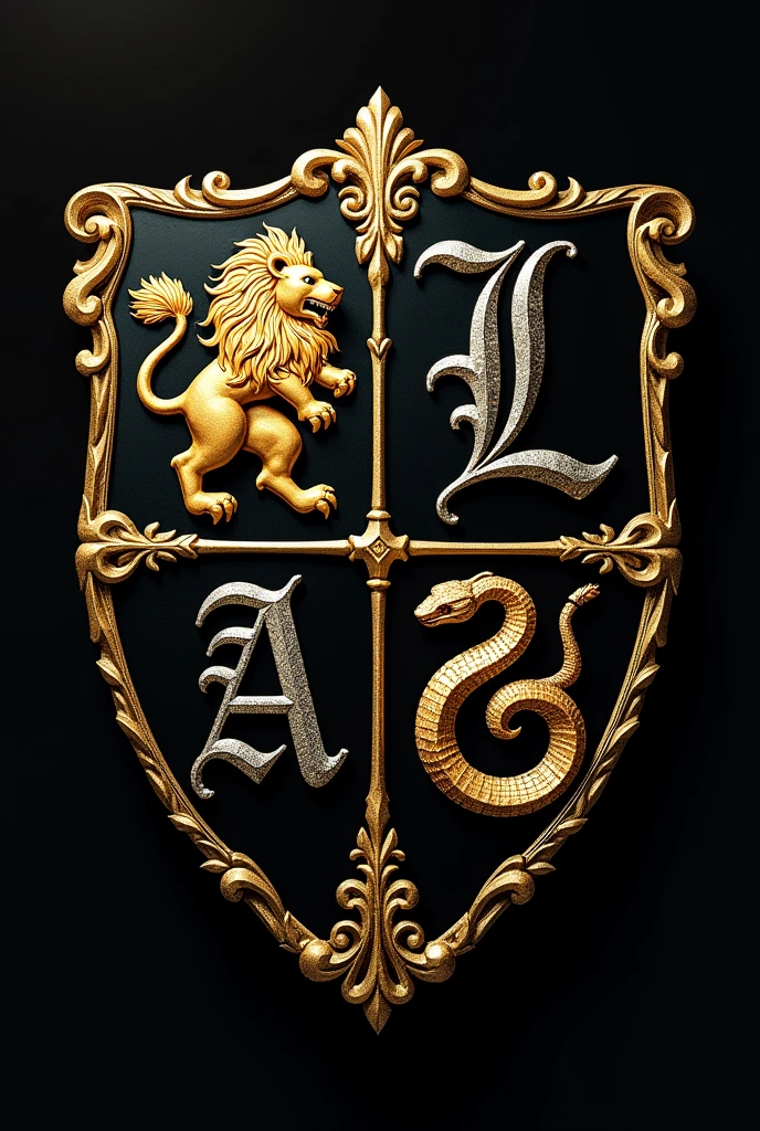 A coat of arms in the shape of a shield divided into four parts, on the upper left side,a lion often used in coats of arms, on the top right side, a letter L in gothic format, on the bottom right side a snake in the same style as the lion, In the bottom left corner, a letter A, at the bottom of the lion and the snake, the shield will be black, and the golden animals, at the bottom of the letters,the shield will be golden, and the black letters