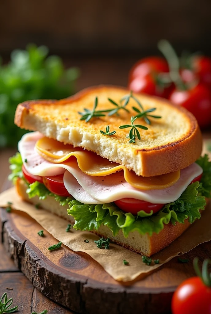 Une photo de pain bagnat coupé en deux horizontallement garni au rotî de dinde, salade, fromage frais et tranche de gouda