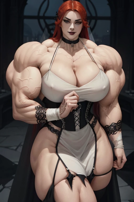 (((Close-up))), tall, (red hair) beautiful muscular asian woman, long hair, pale white skinned, closed smile, large breast, (black lipstick), (massive muscles), (hyper muscle), (ginormous bulky muscles), yellow eyes, (((long gothic wedding dress))), white bracelets, choker, (thigh highs), on a raining rooftop at night,
