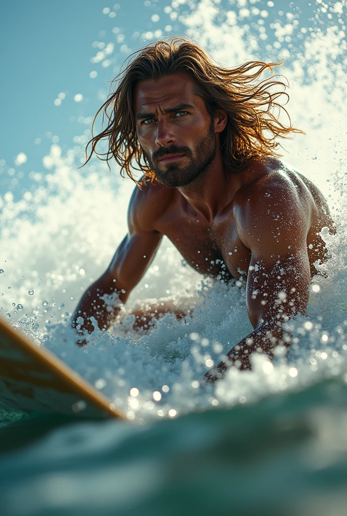 full body shot:1.4, A man with his surfboard surfing riding a big wave :1.5, ultra detailed, Extremely detailed face and eyes, Long hair blowing in the wind, wet skin, Ocean waves crashing, dramatic lighting, realist, cinematographic, dramatic, photorealistic, dynamic pose, Awesome, (Best Quality, 4k, 8k, High resolution, masterpiece:1.2), ultra detailed, (realist, photorealistic, photorealistic:1.37)