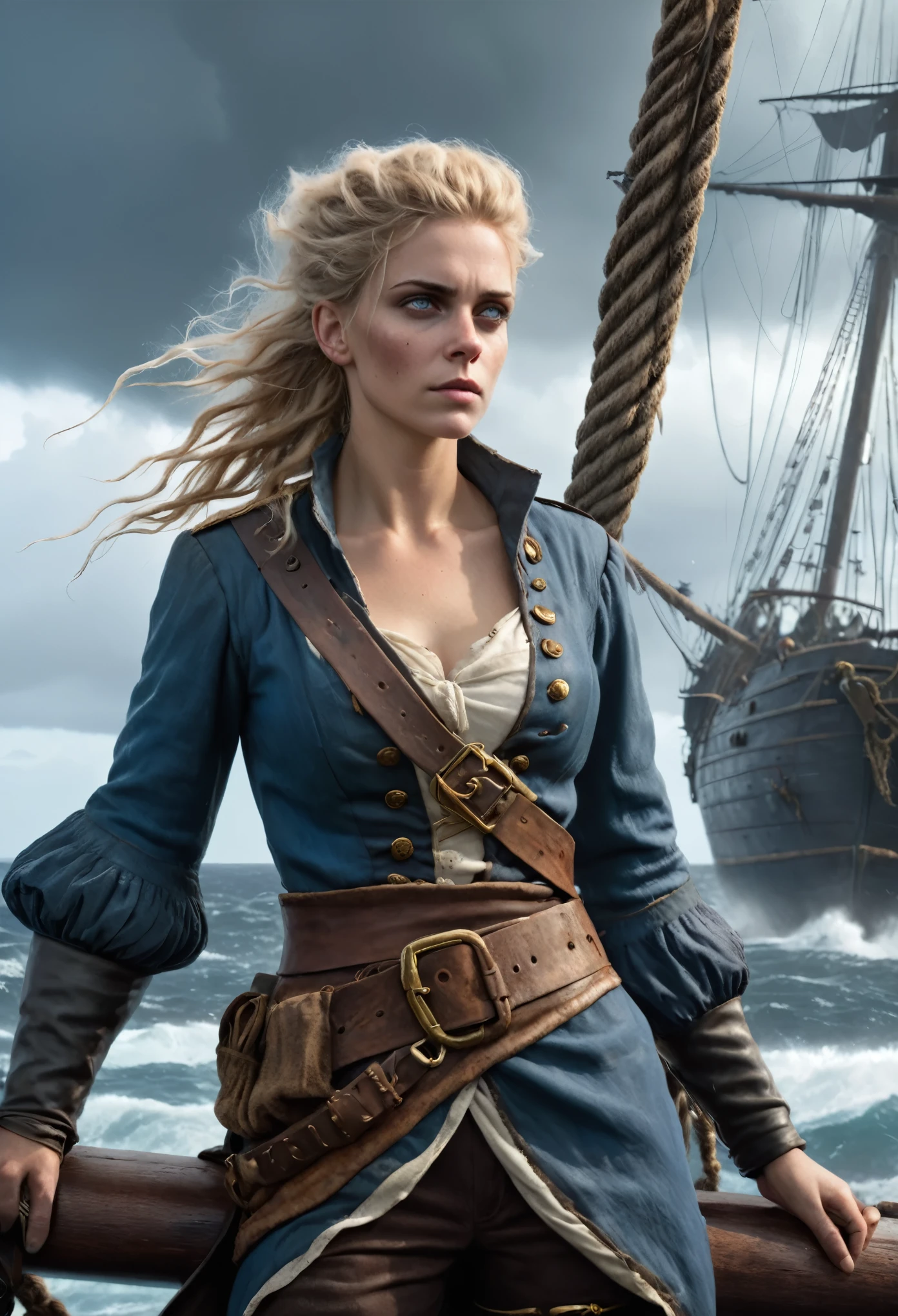 (Realistic:1.2), Grimy 24-year-old blonde pirate woman with weathered skin, sea-sprayed hair, and a salty gaze leaning against mast of. her storm-battered ship, a dagger by in her hand limp at her side, exhausted after another sea battle. The rough grey sea stretching out before her like an endless battlefield, waves crashing against the vessel's hull as dark, foreboding clouds gather on the horizon, an airship looming in the distance, its billowing sails tattered, the pirate's tunic a deep, rich blue with sea-worn whites and tawny leather accents, contrasting warm golden light on weathered wood and cold blue shadows, 8k hyper-real fantasy matte painting in the style of Simon Stalenhag, ZBrush textures and Unreal Engine 5, detailing reminiscent of Iain McCaig's concept art, loose brushstrokes echoing the rugged seascape my soulmate.