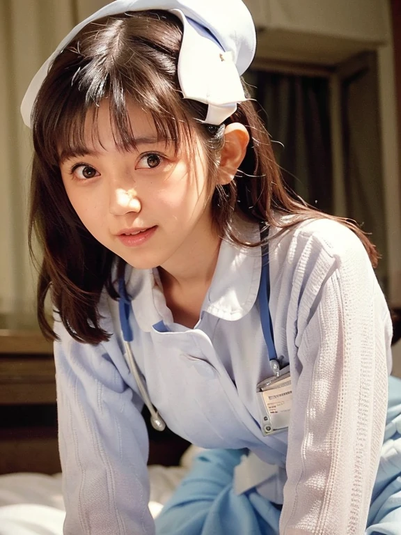 woman, alone, (Wearing white nurse clothes:1.2), bangs, Black Hair, nurse, Perfect Anatomy, nurse uniform, (Nurse cap), (White costume), Long skirt, hospital, Face close-up, 