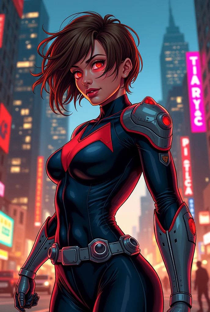 A super heroine in the style of Marvel comics with short, spiky brown hair, bangss, Eyes red, It's a robotic eye