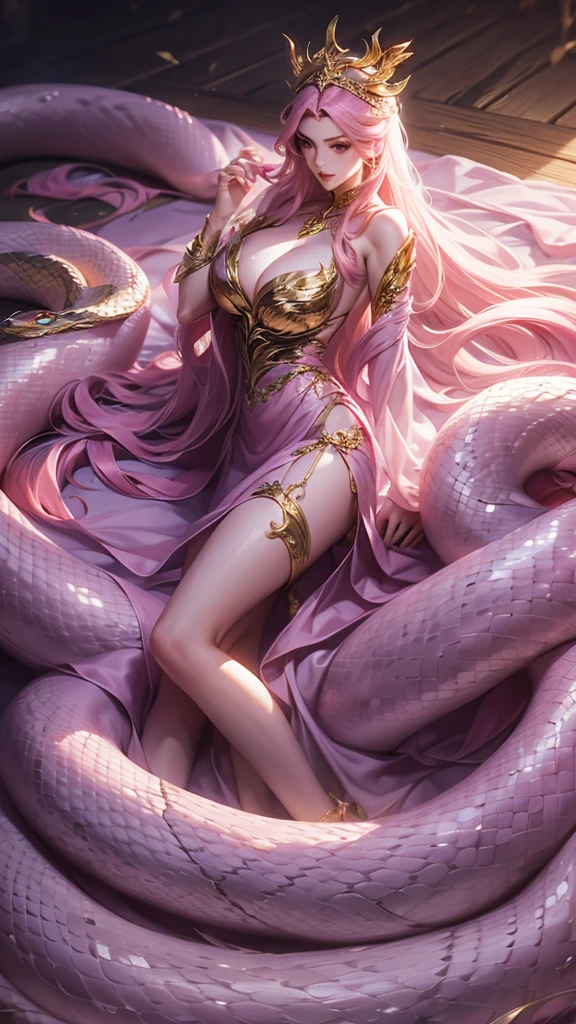 Delicate snake skin,beauty,Alluring serpent woman（Lamia）,Charming eyes,blush,Pink long flowing hair,Large Breasts,Semi-naked clothing,On a luxurious and beautiful European gauze bed