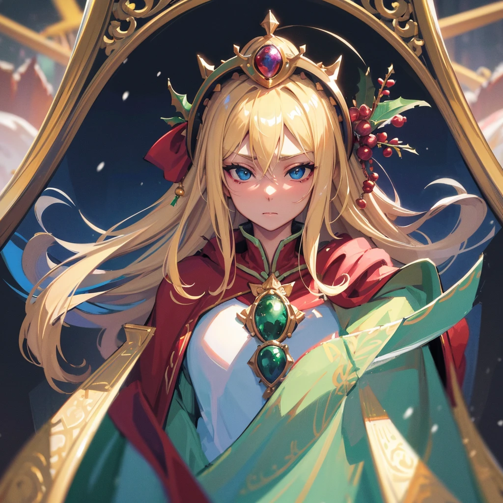 Portrait of a beautiful empress, Blonde, Perfect Blue Eyes, wonderful, An incredibly impressive large Christmas headpiece, Clothing Santa Robe, All about Christmas, snow, Symmetric, Dramatic studio lighting, Rococo, Baroque, green, Asian, Hyperrealism, close, is&is, Fantasy, Complex, elegant, Very detailed, Digital Painting, Art Station, Octane Rendering, 8k, Concept Art, mat, Sharp focus
