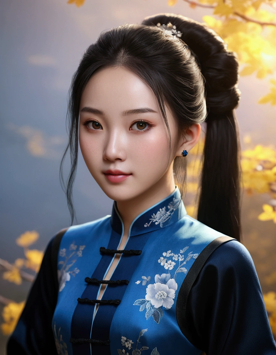 a girl, typical Chinese blue dress with long black sleeves, realistic face, 4k