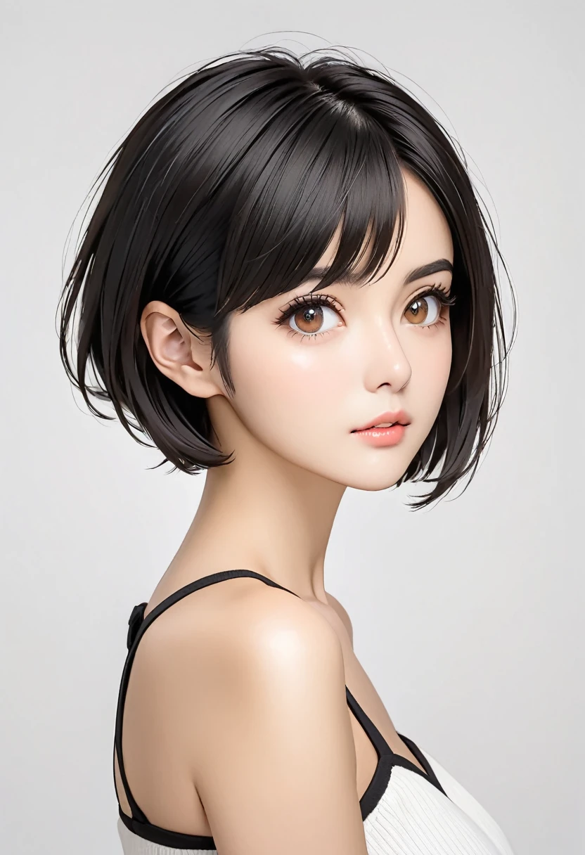 Woman, adult, fully body, very short black hair, brown eyes on a white background.