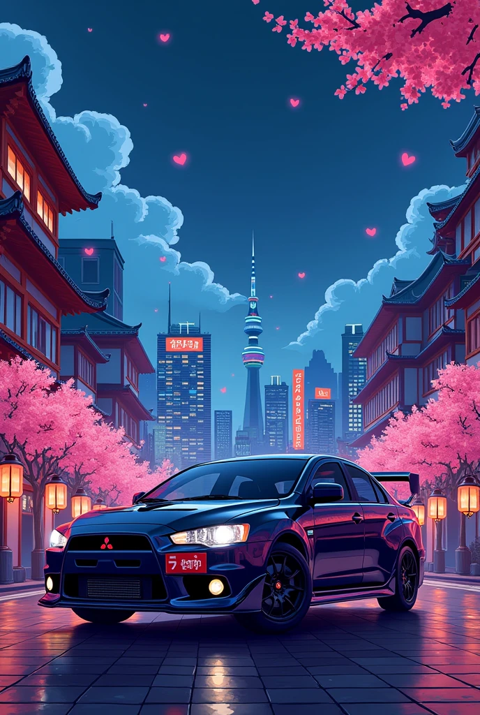 Draw Mitsubishi Lancer Evo 6 whit landscape japanese nocturne city 8 bits for wallpaper