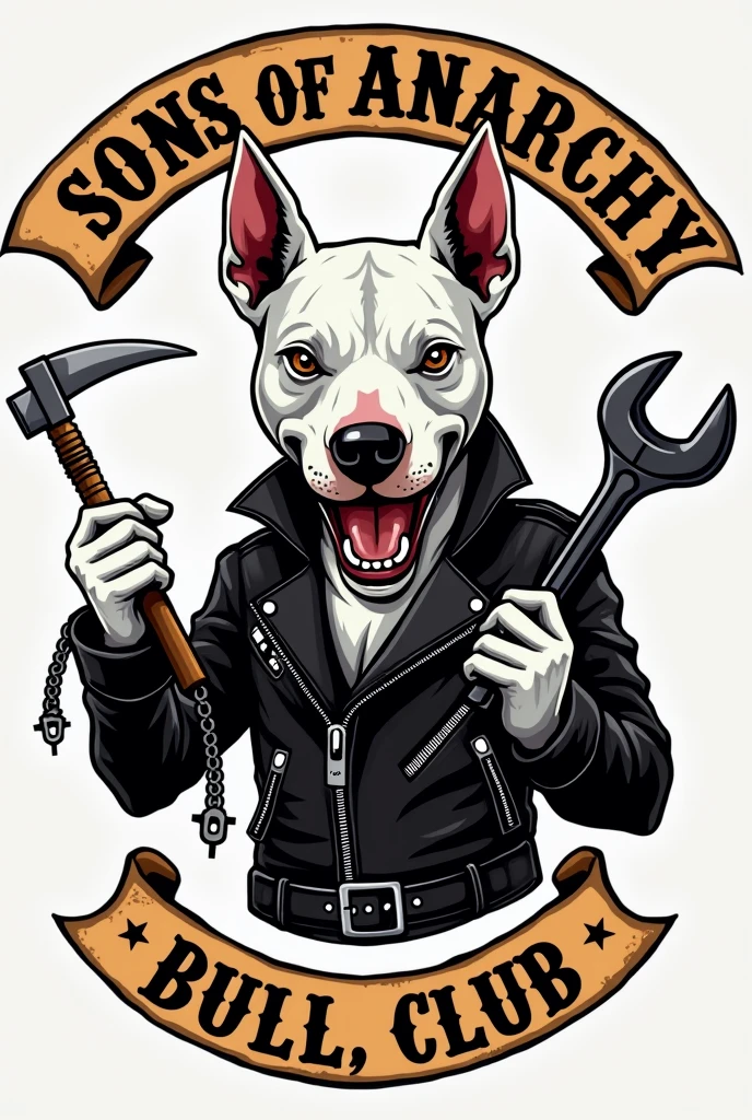 Un logo en forme de blason, similaire à celui des Sons of Anarchy. Au centre, un bull terrier blanc en style caricature, remplaçant la faucheuse. Le bull terrier a un aspect intimidant mais toujours caricatural, avec un sourire malicieux. Il tient une faux dans une patte, rappelant l’arme emblématique de la faucheuse, et une clé à molette ou un autre outil de mécanicien dans l’autre. Le bull terrier porte un blouson de motard noir, avec des détails comme des chaînes ou des engrenages. Le texte en arc de cercle au-dessus et en dessous de l’image pourrait indiquer le nom du club et un slogan.