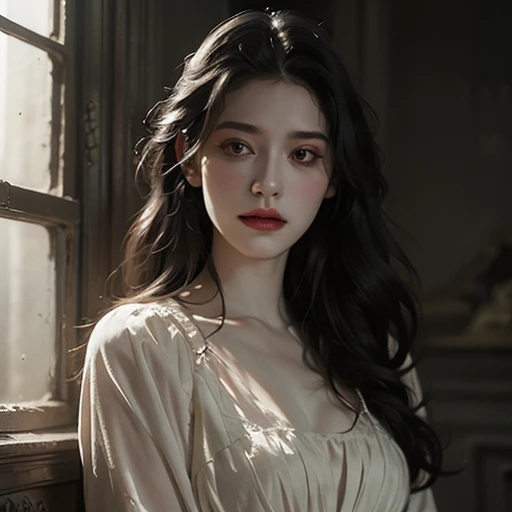 full body masterpiece, ultra realistic, 16k, high quality, incredibly detailed, dream aesthetic, dream atmosphere, cinematic, (sharp focus : 1.5), (photorealistic : 1.3) , A hyperrealistic young, very pale woman with long black hair and sad eyes, with a beautiful face, wearing a white dress. She is looking out of an old antique window. Horror and gothic atmosphere, with dramatic lighting and intricate details in both the woman and the surroundings. The window should have a gothic design, with shadows and light playing off her expression to enhance the mood of melancholy and mystery.