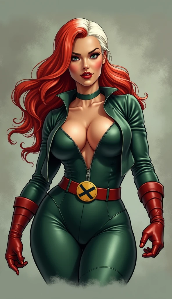 Rogue from Marvel's x-men wearing 1990s outfit with thick hips and thighs, a flat stomach and 90s era x-men red curly hair with white hair on top, hair is two colors, wearing X-men belt buckle, highest quality, realistic art, (hair is white on top of head red on the sides, make hair as is specified in prompt), unzipped front to show cleavage, semi realistic, design character as specified in prompt, portrait sized image