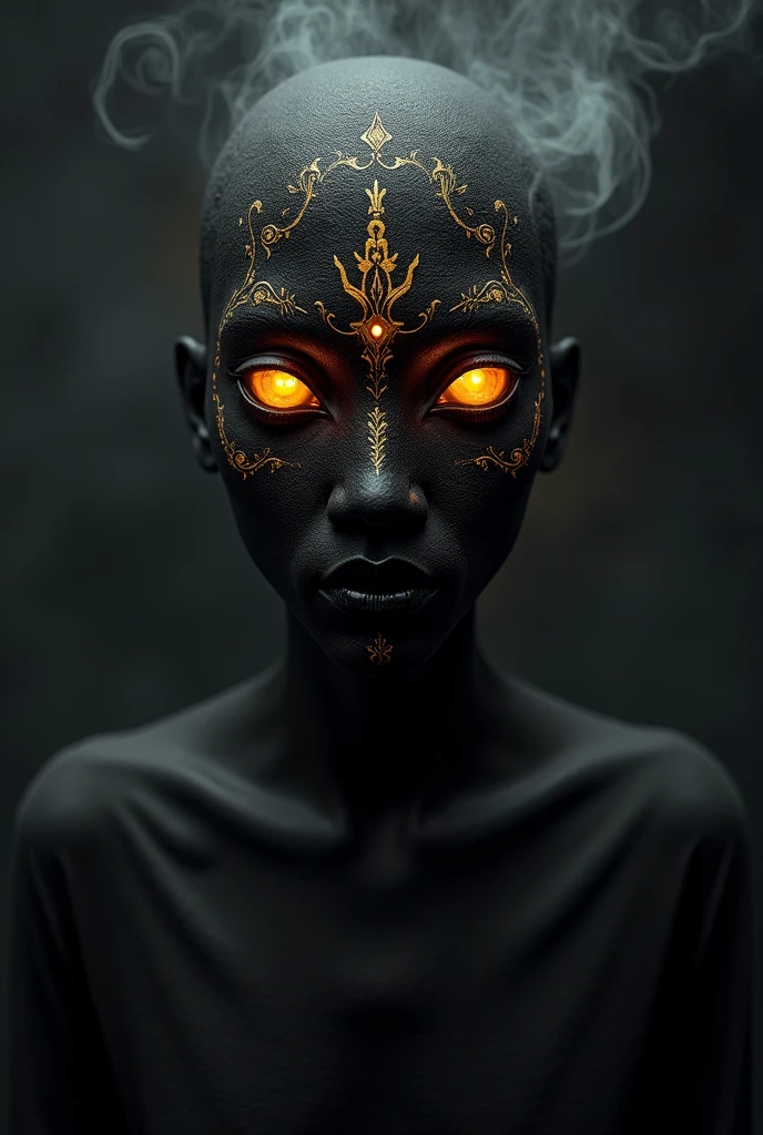 A vantablack faceless silhouette, only golden glowing irises, looking grim, staring with fury, black eyes, adorned with sinhalese and hindu and burmese decor, very dark background, fuming vantablack particles from its body, dynamic shot, side angle shot, close-up shot, high angle shot, bokeh, 8k resolution, masterpiece,