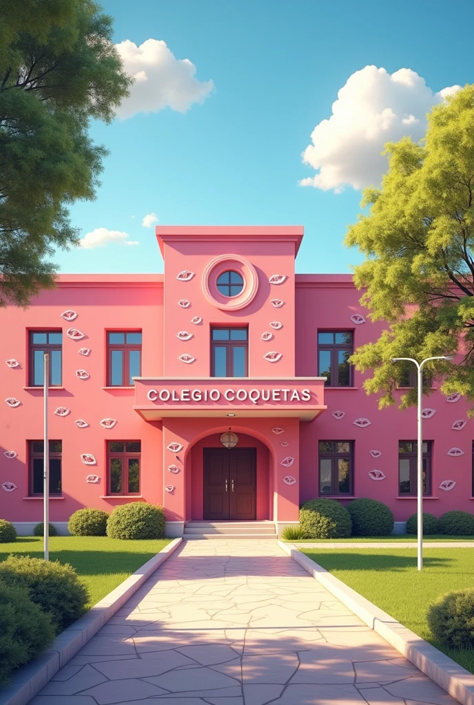 (photorealism:1.2) Empty pink girls' school yard, modern school building, clean in good shape, the sign "Colegio Coquetas" and the signs of many kisses 💋 on the walls, not childish drawings on the walls, no crosses anywhere, realistic, intricate details