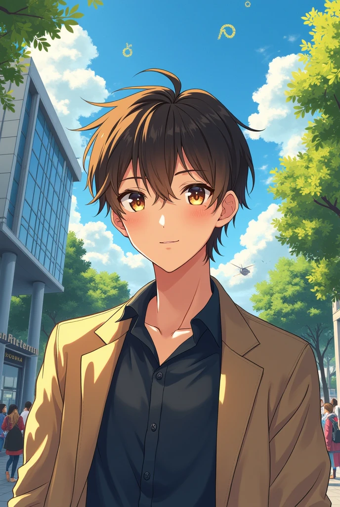 Dark brown hair with blonde highlights, brown eyes and pale skin, that his facial features are a bit of a flirtatious boy, but strong, works at a modeling agency, and he is a university student. He loves astrology.
Let it be in 2d or anime