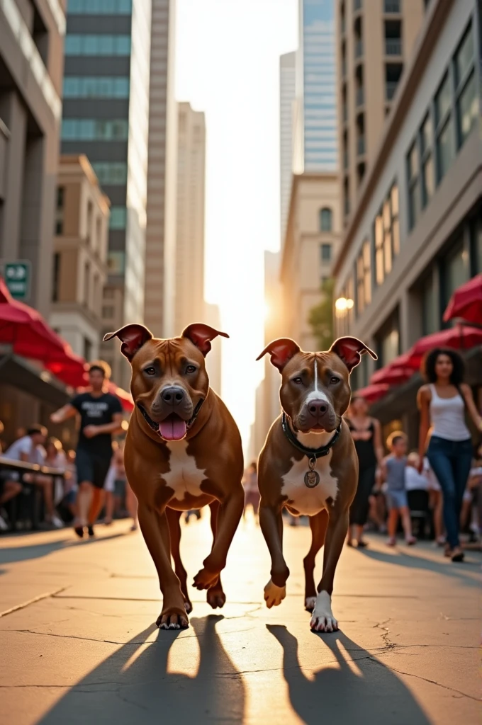 Pitbull dog with a muscular, amber body, accompanied by a female pitbull holding hands and walking down the streets of a modern city 