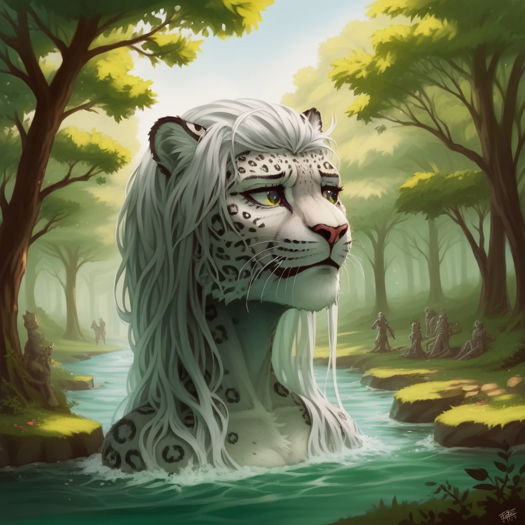 maozonia indigenous girl, 18 years old, bathing in a river, in the middle of the forest, a jaguar watching from afar, sad, Clockpunk, Gamercore, street level view, Blender rendering, 100mm, Sculpture, iridescent colors, Medicalcore, strobe lighting, ultra realistic, photorealistic, octane render, unreal engine, hyper detailed, volumetric lighting, hdr, octane render, fantasy 4k 8K