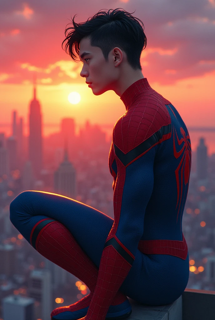 2d illustration of a Young man with short black hair with black eyebrows and white complexion. With athletic body dressed in the Spiderman suit on top of a building With the sunset on the horizon 