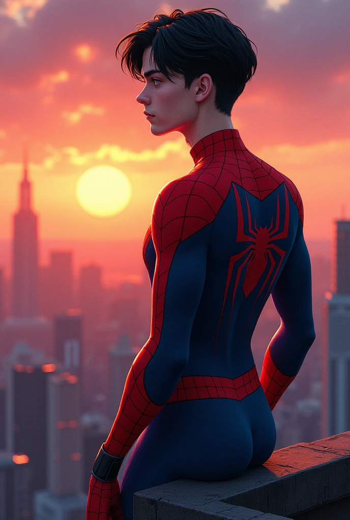 2d illustration of a Young man with short black hair with black eyebrows and white complexion. With athletic body dressed in the Spiderman suit on top of a building With the sunset on the horizon 