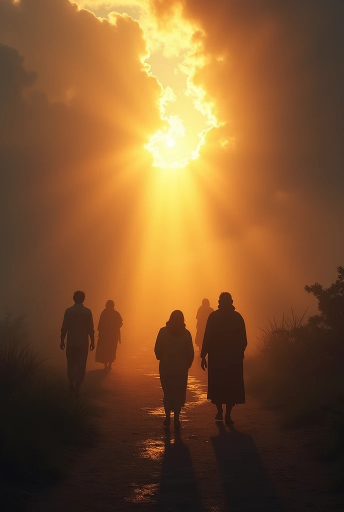 Generates a high resolution image at 9:16. The scenario is adverse and in the background you can see the light of the new dawn. implying that God heals people.