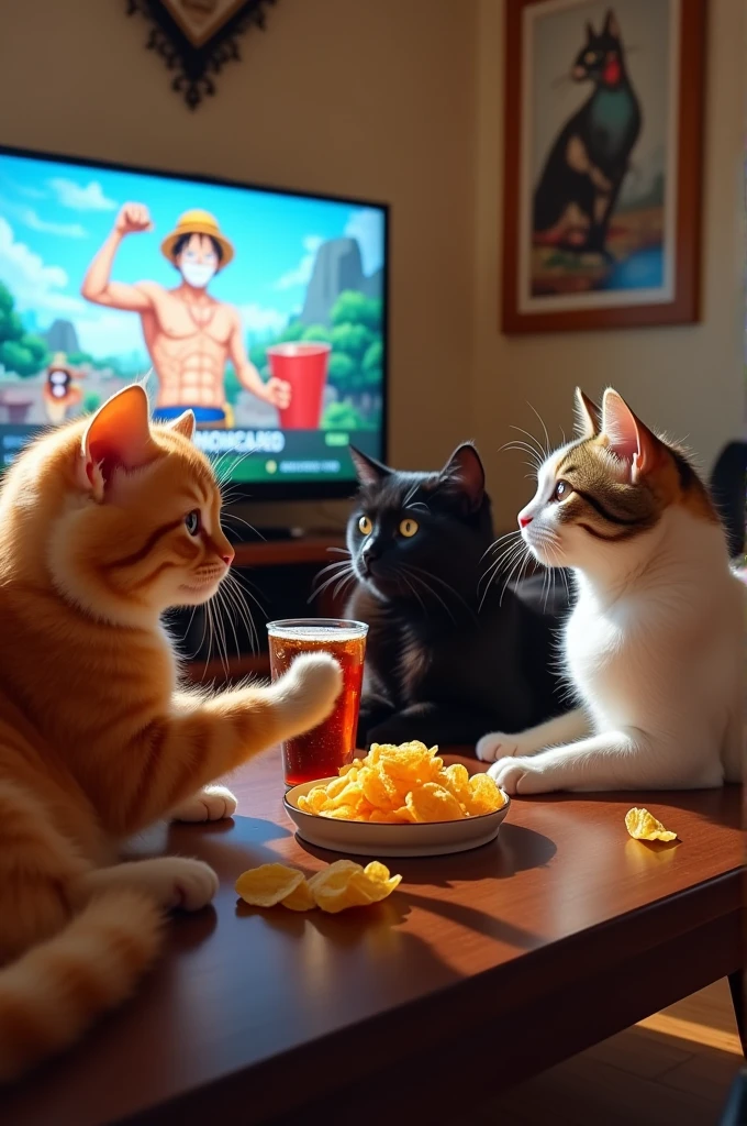 3 cats eating chips, drinking coke and watching one piece 