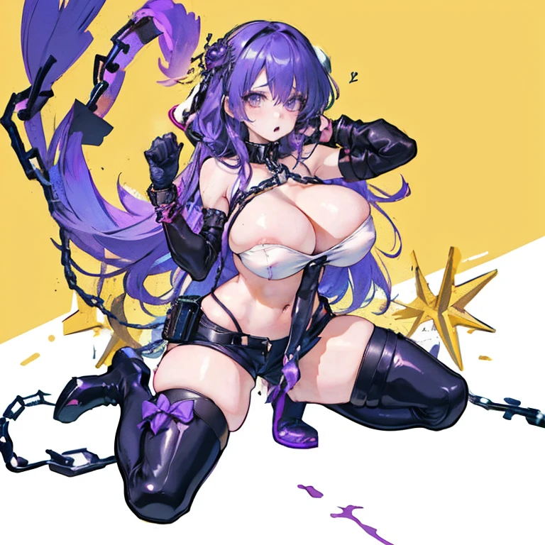 Anime Kawaii sexy Perfect Slim sensual body large breast and huge thighs, An intricate and highly detailed illustration of anime (Young girl). masutepiece, Best Quality, absurderes, Perfect Anatomy, 1girl in, Solo, Yoko Katori, Long hair, purple thighhighs, elbow groves, Purple gloves, Black shorts, uniform, thigh holster, Kneeling, embarassed expression、((Chained))、((thigh high boots))、((gargantilha))、((A chain is wrapped around his arm))