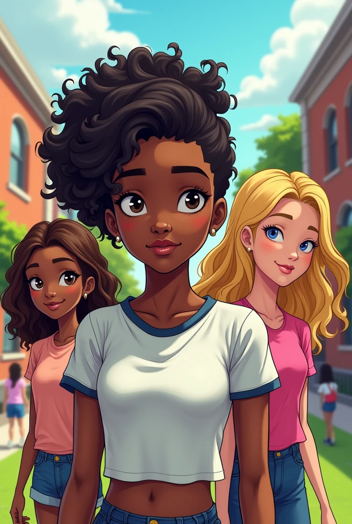 Create a university setting in the background and in the foreground a teenage girl with black skin and dark curly hair., behind her is a teenage girl with fair skin and wavy brown hair, On the opposite side there is a blonde with straight hair, wearing pink clothes and faces, Behind her is a blond boy wearing a football jersey., The two couples have a rivalry. The black girl stands in the middle. style cartoon
