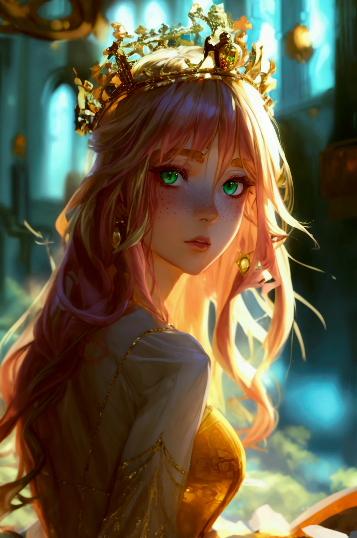 ((best quality)) ((masterpiece)) human, 1woman, ((confident facial expression)), huge_breasts, solo, long_hair, ((1green eyes)), ((light_blonde_hair)), ((friendly face)), looking_at_viewer, massive_breasts, wide_hips, freckles, very_long_hair, gold_jewelry, bangs, ((light_pink_dress)), ((royal golden crown)), beautiful_scenery_background, ((tons of money everywhere)), ((perfect fingers)), ((arms behind back))