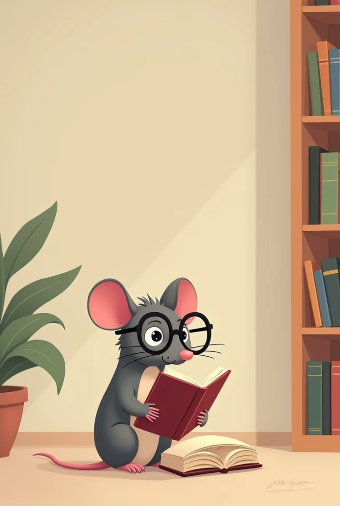 Minimalist cartoon of a rat wearing glasses reading 