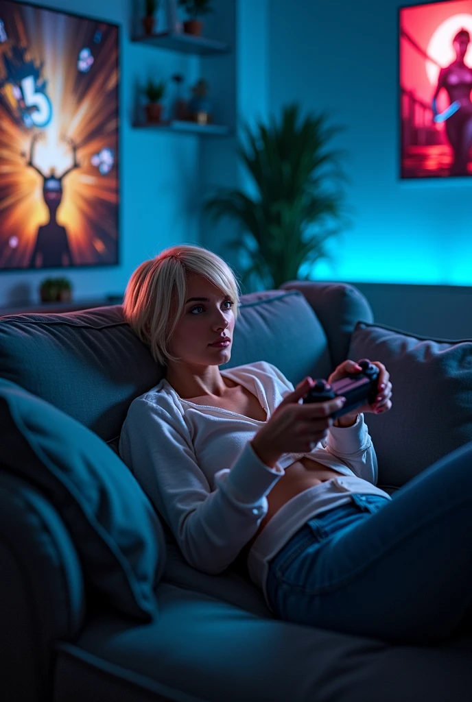 A beautiful and sexy blonde woman with short hair, sitting on the couch playing video games