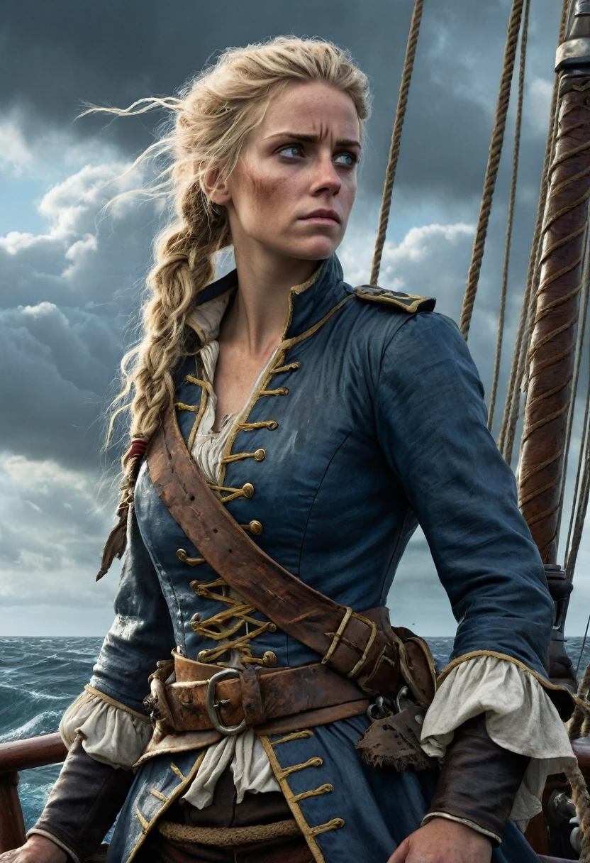 (Realistic:1.2), Grimy 24-year-old blonde pirate woman with weathered skin, sea-sprayed hair, and a salty gaze leaning against mast of. her storm-battered ship, a dagger by in her hand limp at her side, exhausted after another sea battle. The rough grey sea stretching out before her like an endless battlefield, waves crashing against the vessel's hull as dark, foreboding clouds gather on the horizon, an airship looming in the distance, its billowing sails tattered, the pirate's tunic a deep, rich blue with sea-worn whites and tawny leather accents, contrasting warm golden light on weathered wood and cold blue shadows, 8k hyper-real fantasy matte painting in the style of Simon Stalenhag, ZBrush textures and Unreal Engine 5, detailing reminiscent of Iain McCaig's concept art, loose brushstrokes echoing the rugged seascape my soulmate.