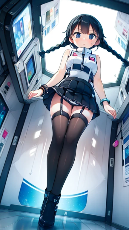 (Highest quality), (masterpiece), 1080P, High resolution, 4K, 8k, Inside the space station、Futuristic room、Thigh straps, Shooting from directly below, The woman on top of me, 白いSweat, Covered , Sweat, Woman looking down, Skirt swimsuit, Thigh-high socks, To achieve this, , , whole body, Black leather shoes, Braided hair, Inner Color, Embarrassed face, Short black hair, bracelet, Bedroom,celestial body_Vest