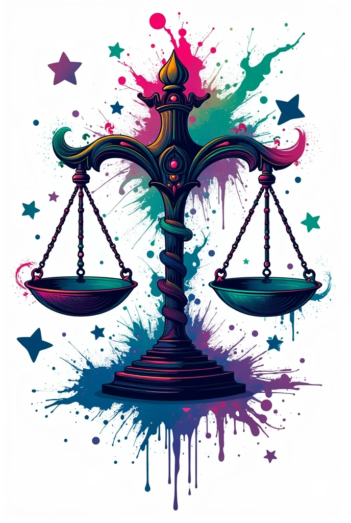 A tshirt design, a libra symbol funky, trendy, no background, fun, colorful, blue. Green, purple, graffiti