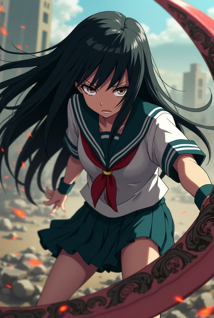 I would like you to make me an image of a Boku no Hero anime girl with long straight black hair and fair skin, Tired eyes with dark circles and the UA school uniform, in the scene a fight while she holds a huge scythe