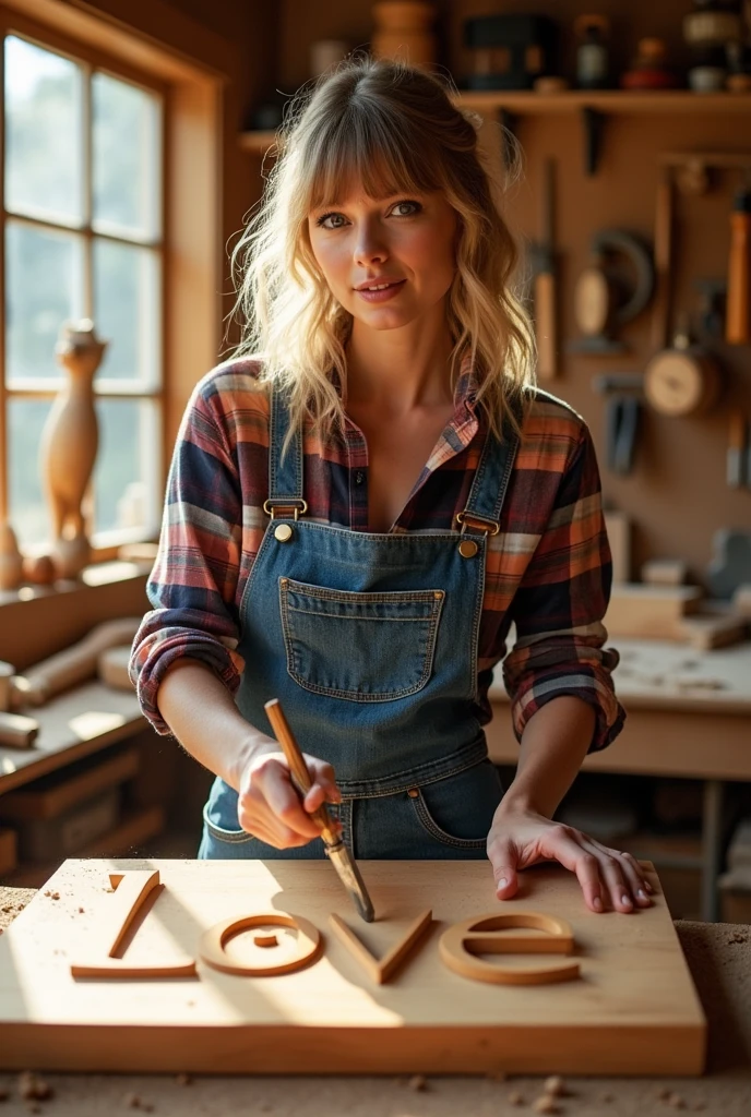 Create an image of Taylor Swift, the singer, looking at the camera, in a woodworking workshop, carving wood with a chisel in one hand, creating an artwork named 'Love' by carving wood.