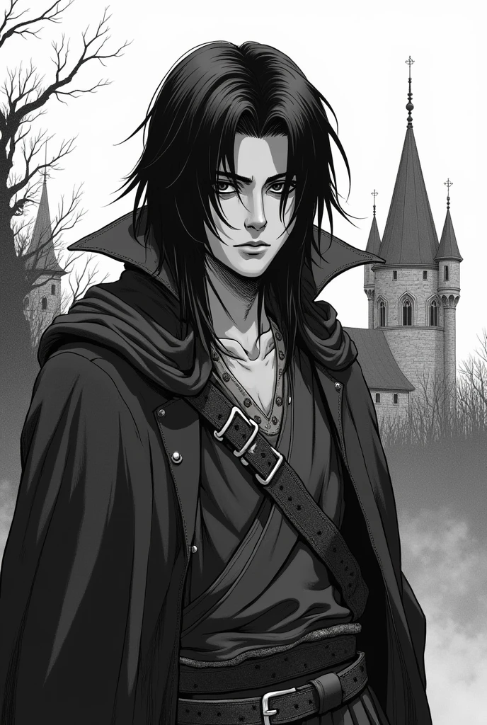 Create a manga cover, the protagonist has black hair and an empty, tired expression. His vibe is kind of dark., The cover style is like a manga illustration with hatching and shading., in black and white the time is medieval and the character has a striking look of weariness and emptiness, with the stroke of the Vagabond work and an observer's pose