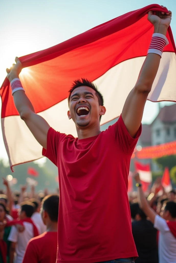 asian man, holding indonesia flag, he so proud, wearing red and white tshirt, wearing red white indonesia flag in his band