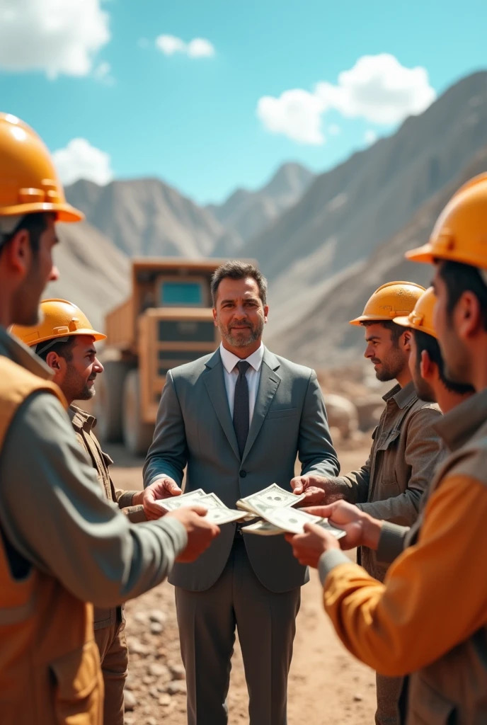 Business man giving paper money to the people working in the mining site. 3D.