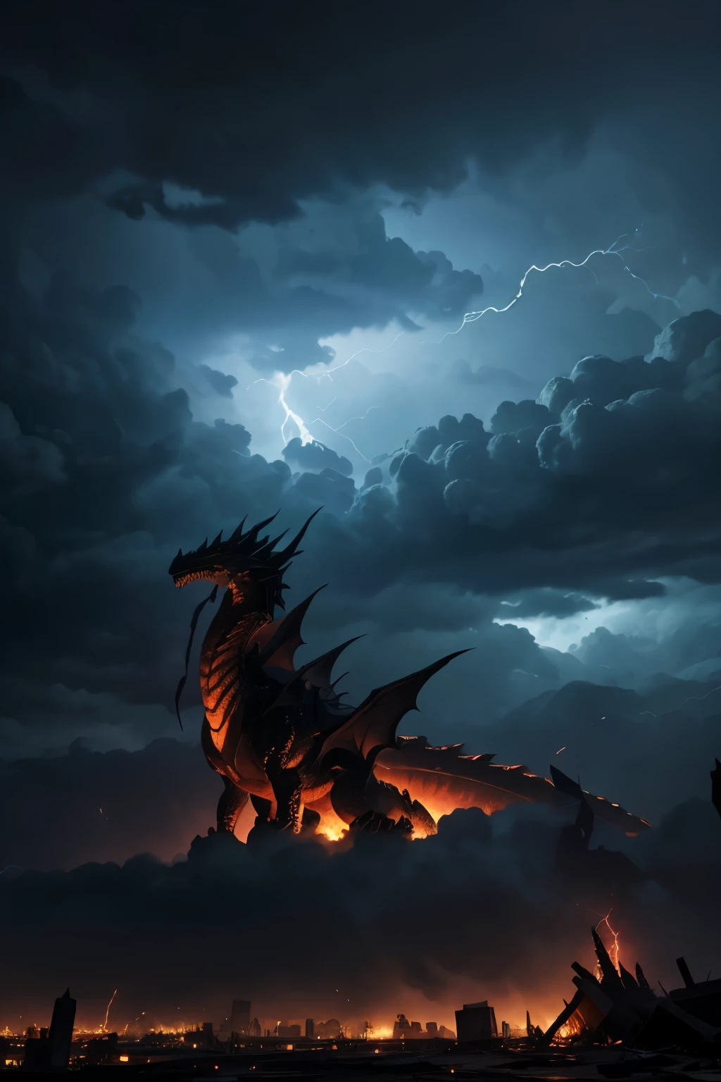A giant dragon with storms around him, tornadoes lightning,and dark clouds running through his lair he is in a destroyed and devastated city,for by his power 