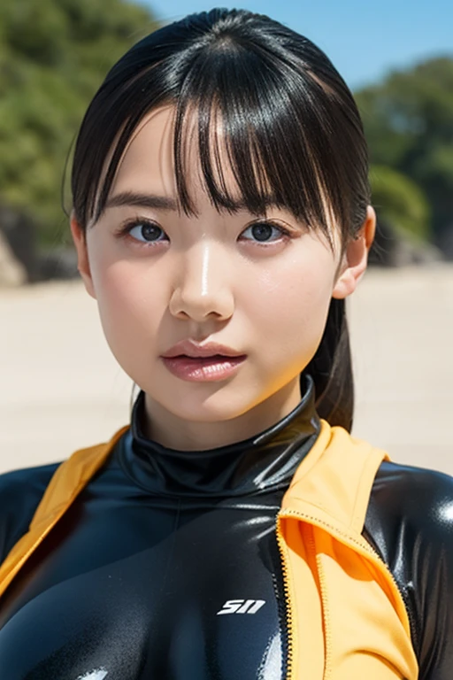 masterpiece, Highest quality, Unreal Engine, Super Resolution, Very detailed, Complex, colorful, Clear images, Sharp focus, Digital Blending,
One beautiful woman, One Japan actress, ashidamana, Perfect Eyes, Perfect Face, Ultra detailed hair, Ultra detailed face, Very detailed lips,Vivid expression, Healthy Body, Detailed sweat glands of beautiful and cute real Asian mix, Smooth skin texture, Carefully drawn,
(humidity:1.2), Beautiful Eyes, (Attractive face:1.2), (Beautiful Skin), (Big Breasts), (Super glossy wetsuit), Puffy nipples, Tight waist, Sticky with sweat, (Oily skin), oily suit, In a dynamic pose,
Studio Photo, Outdoor, At the Beach,