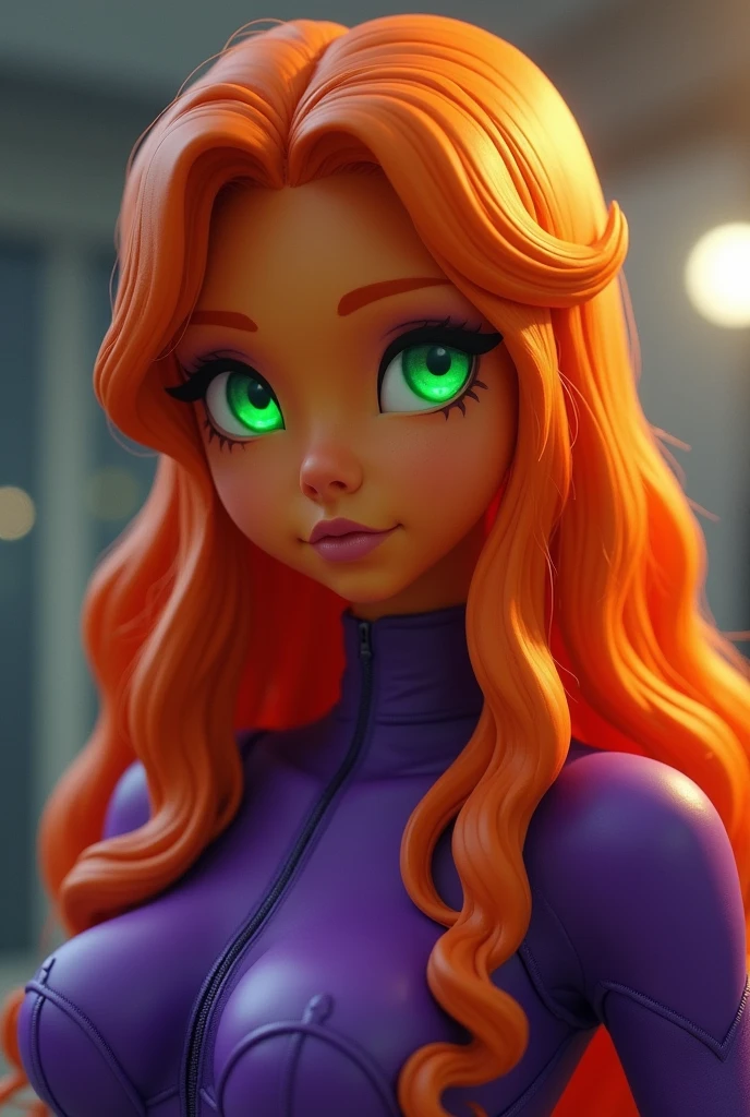 An orange skinned girl, wearing a purple power suit. Her eyes are bright green, glowing and without pupils. She has orange long and wavy hair, an hairbang and she is busty. RAW photo