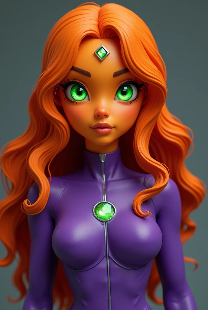 An orange skinned girl, wearing a purple power suit. Her eyes are bright green, glowing and without pupils. She has orange long and wavy hair, an hairbang and she is busty. RAW photo