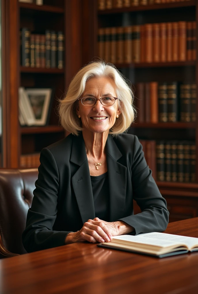 I want a realistic image of an elegant older woman. She is 60 years old with well-maintained blonde hair and a wrinkled face. She is in her office sitting at a desk.