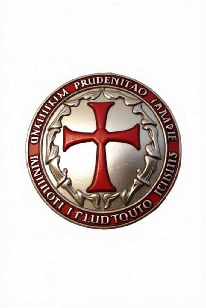 circular logo inspired by the Knights Templar. The central icon should be a silver shield with a red cross. The border of the logo should feature the words: "Mansuetudo, Prudentiae, Temperantia, Fortitudo, Iustitia" inscribed around the edge. The overall style should evoke the craftsmanship of medieval artisans, with textures and details reminiscent of traditional medieval artwork.
