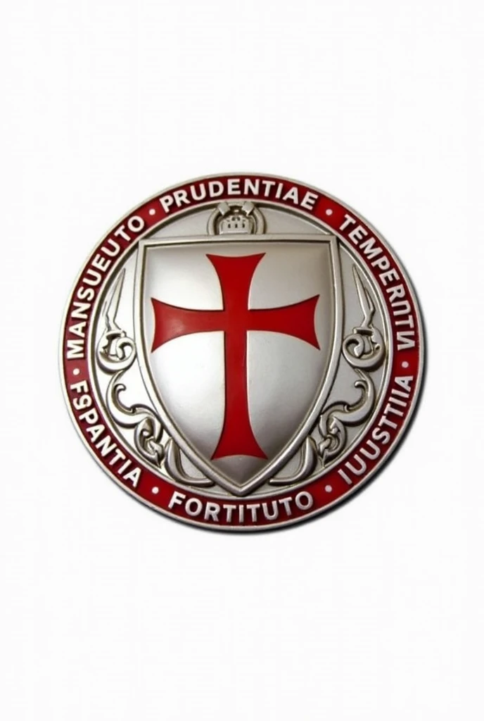 circular logo inspired by the Knights Templar. The central icon should be a silver shield with a red cross. The border of the logo should feature the words: "Mansuetudo, Prudentiae, Temperantia, Fortitudo, Iustitia" inscribed around the edge. The overall style should evoke the craftsmanship of medieval artisans, with textures and details reminiscent of traditional medieval artwork.