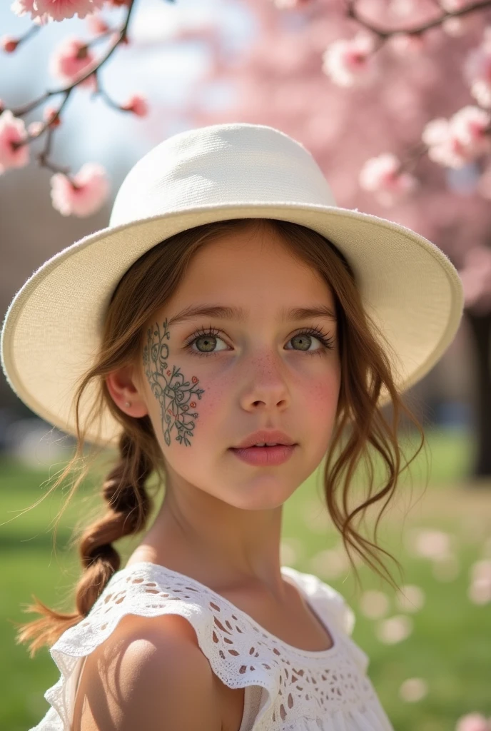 girl with white hat and tatto on her face 