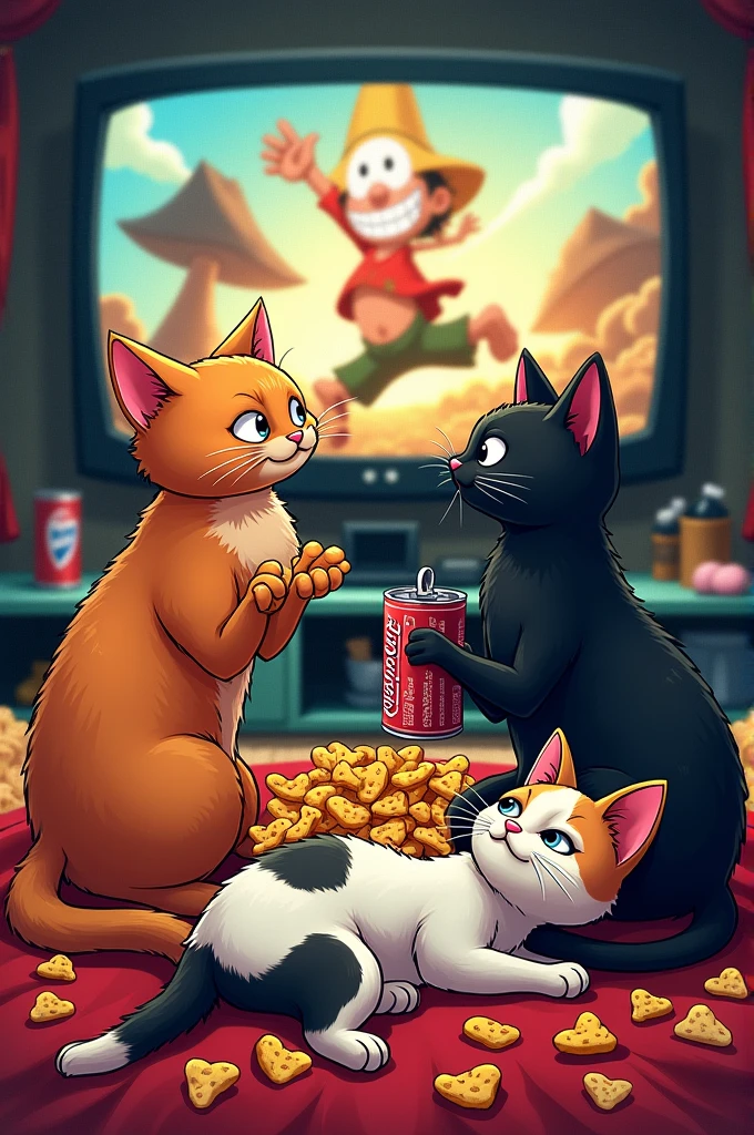 3 cats eating chips, drinking coke and watching one piece, as a tattoo