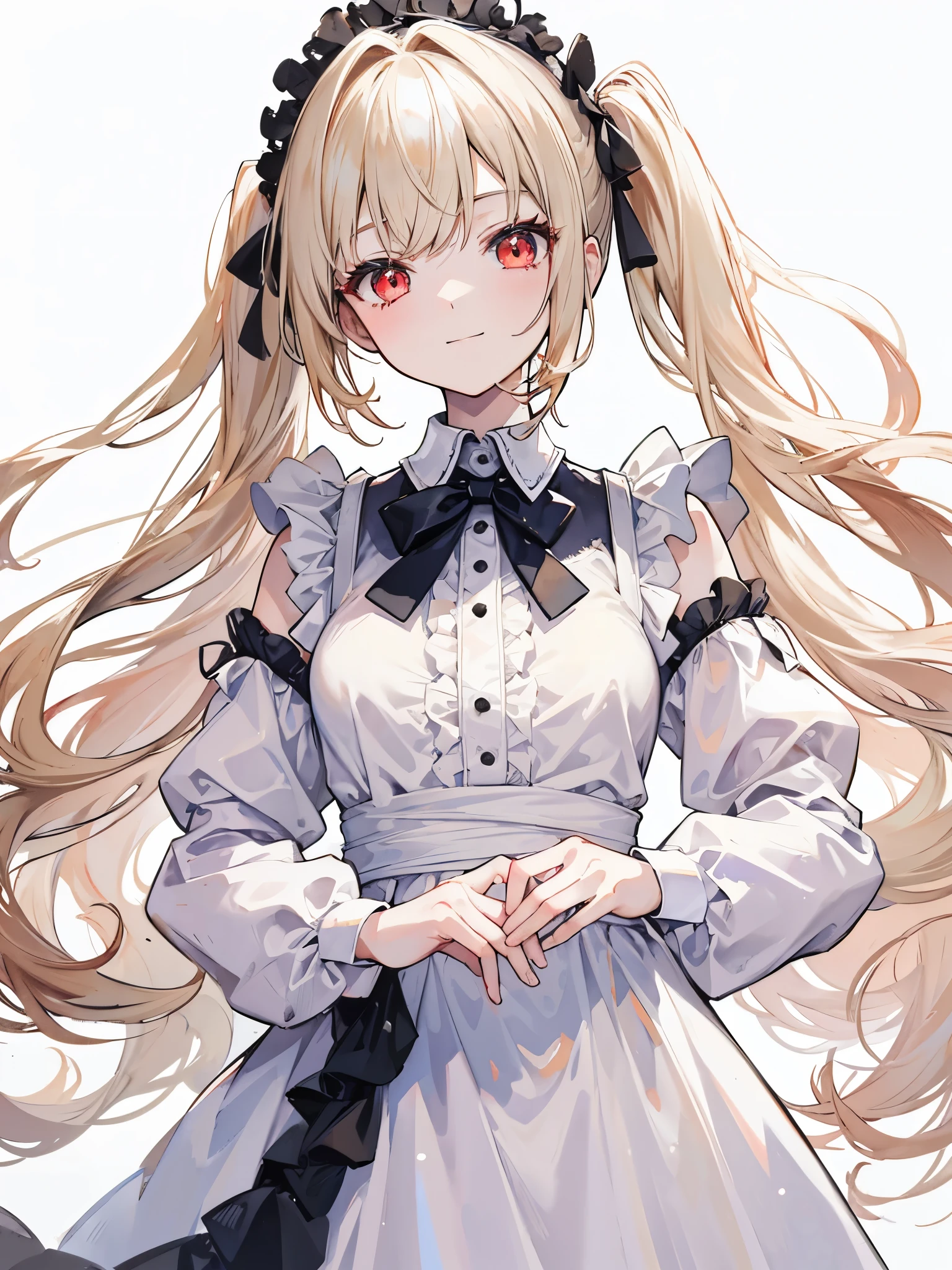 High resolution, One person, solo, Long Hair, Twin tails,Red eyes,Beige hair,
Highest quality, masterpiece, High-resolution model, Long Hair, Shiny Hair, Sparkling eyes, Lonely, smile, disposal、watercolor、Light color scheme、White dress、Simple Background, Close-up, Part of the picture goes outside the frame, Lots of white space, watercolor画,Character portrait,Maid clothes,