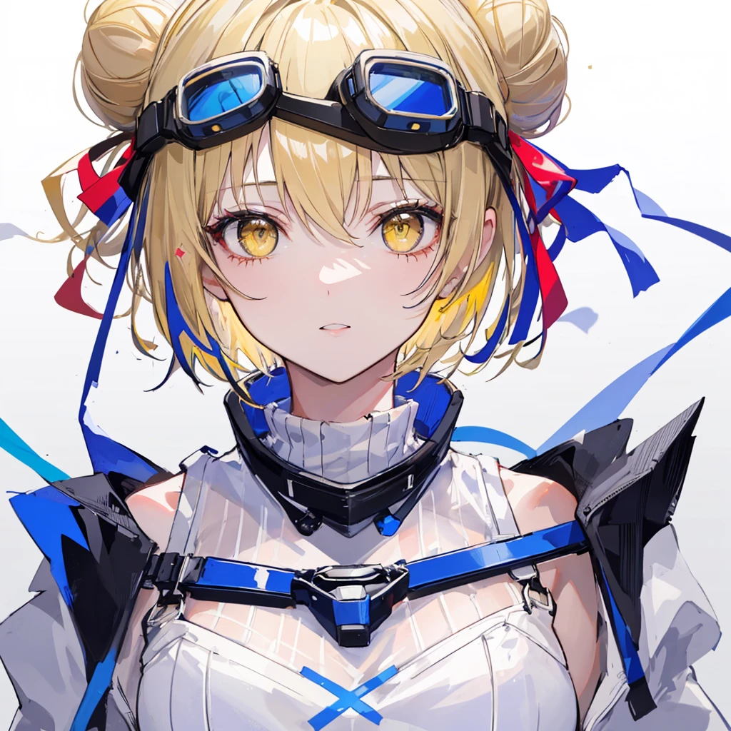 ((Highest quality)), ((masterpiece)), (detailed), ((Highest quality)), ((masterpiece)), (detailed), 1 girl, sexly, yellow eyes, short hair, double bun_topknot, hair ribbon, whole body, Portrait of a stylish 20 yo woman software engineer, ((with smart goggles)), Sheath dress, white summer clothing with blue and red accent colors, ((simple background)), monotone background